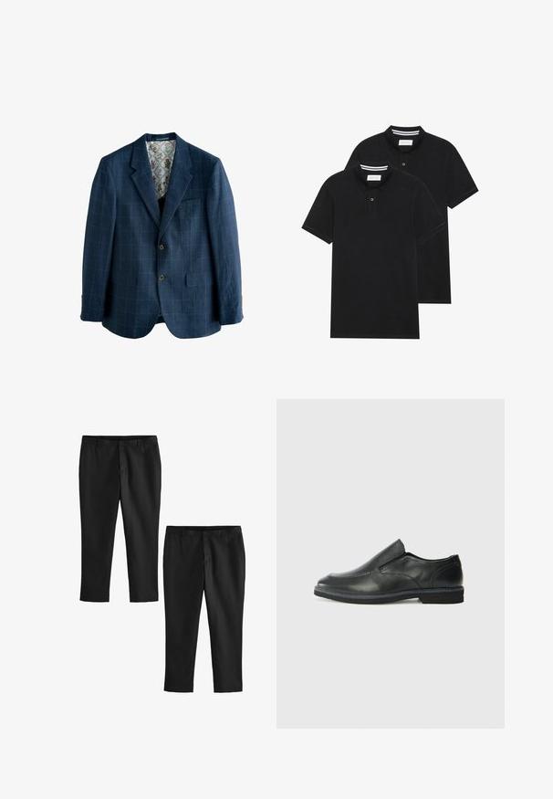 Dunkelblaues Blazer mit Karo-Muster, einreihiges Design, abgerundete Revers, zwei vordere Taschen und eine floral gemusterte Innenausstattung.; Zwei schwarze Polohemden, kurzärmlig, aus Baumwolle, mit einem klassischen Kragen, zwei Knöpfen und weißen Streifenakzenten im Inneren des Kragens.; Schwarze maßgeschneiderte Hosen mit glatter Textur, gerade Beine und mittlere Taille. Zwei Paare dargestellt, eines cropped.; Schwarze Leder-Slipper mit glattem Obermaterial, gesteppten Akzenten, runder Zehenpartie und niedrigem Gummiabsatz. Die Sohle hat ein minimales Profil.