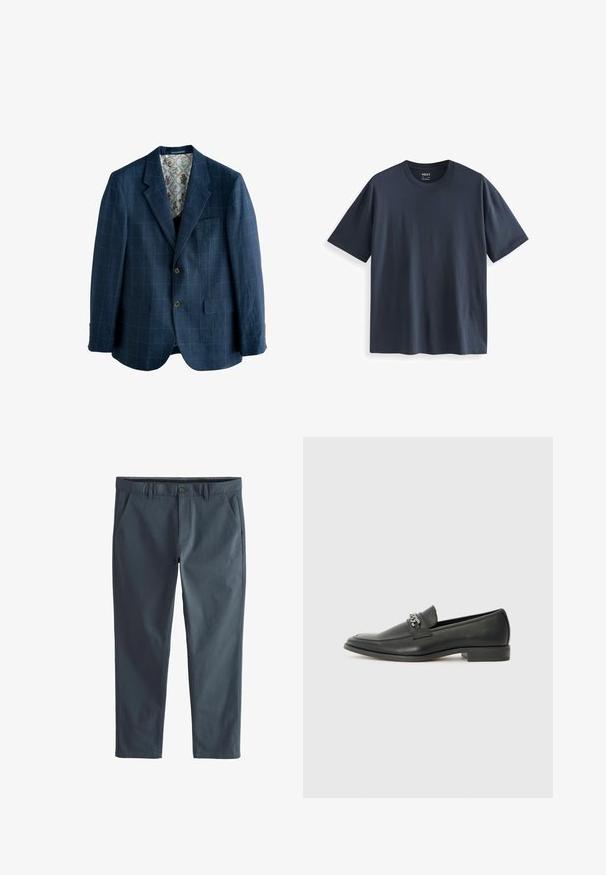 Sacou bleumarin cu un model în carouri, design cu un singur rând de nasturi, rever cu decupaj, două buzunare frontale și căptușeală cu imprimeu floral.; Tricou din bumbac bleumarin, cu guler rotund, mâneci scurte și o croială lejeră. Textură netedă, fără modele sau accente vizibile.; Pantaloni din amestec de bumbac în gri închis, cu un front plat, două buzunare laterale și un fermoar cu închidere prin buton. Textură netedă și croi conic.; Pantofii negri din piele cu un finisaj neted, având un design cusut și un accent decorativ de lanț metalic peste partea de sus. Toc plat.