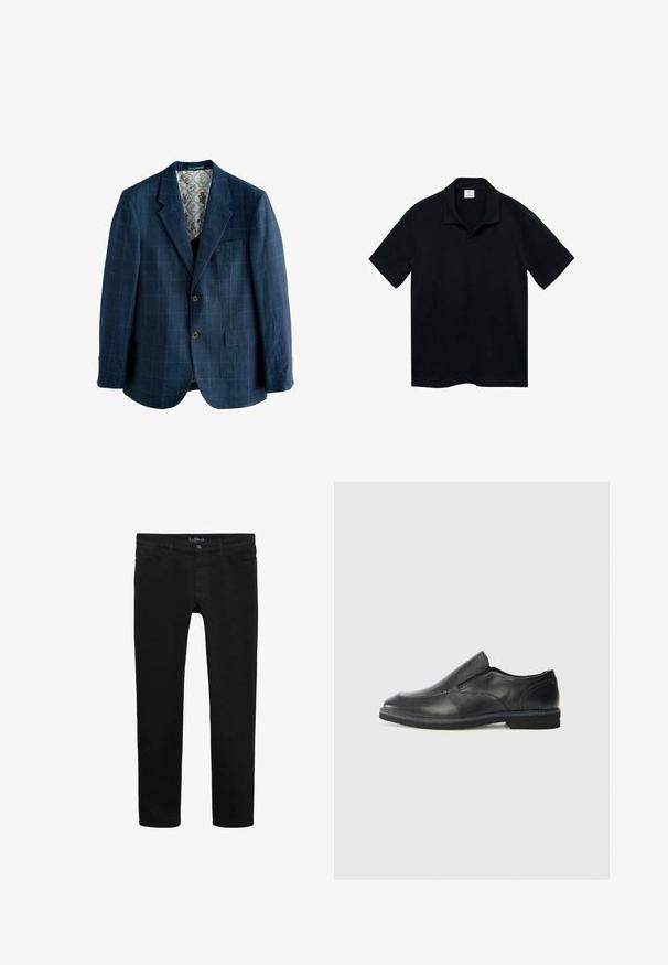 Tummansininen bleiseri ruudullisella kuviolla, yksirivinen malli, läppäkaulus, kaksi etutaskua ja kukkakuosiset vuori.; Mango Pikeepaita - royal blue; Mustat denimit, joissa on kapea muotoilu, etupainike suljenta, viisi taskua ja tasainen texture läpi.; Musta nahkainen liukujalkine, jossa on sileä pinta, ommeltuja yksityiskohtia, pyöristetty kärki ja matala kumipohja. Pohjassa on minimaalinen pito.