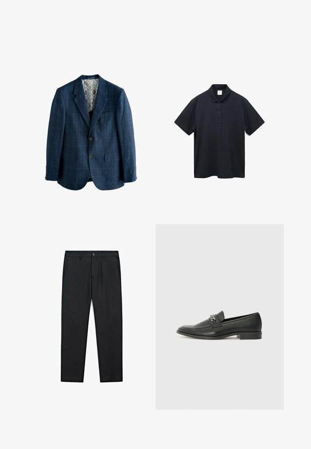 Blazer bleu marine avec motif à carreaux, design à un bouton, revers crantés, deux poches avant et une doublure imprimée florale.; Polo en coton bleu marine avec col, patte de boutonnage à deux boutons, manches courtes et ourlet droit. Aucun motif ni logo visibles.; Pantalons noirs avec une coupe droite, fabriqués en tissu lisse, dotés de deux poches latérales et d'une fermeture à bouton à l'avant.; Mocassin en cuir noir avec une finition lisse, présentant un design cousu et une accent décoratif en chaîne métallique sur le rand. Talon plat.