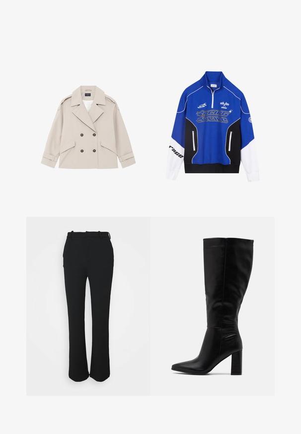 Beige dubbellaags jasje met ruime revers, twee zijzakken, manchetrandjes en donkere knopen; gemaakt van gladde stof met een gestructureerde pasvorm.; Blauw en zwart ritsvest met witte accenten, voorzien van het 'RACING' logo in vetgedrukte letters, hoge kraag en twee ritszakken.; Zwarte, op maat gemaakte broeken met een gladde afwerking, recht gesneden ontwerp en een tailleband. Beschikt over subtiele stikdetails en heeft geen zakken.; RAID JORDANN - Laarzen met hoge hak - black