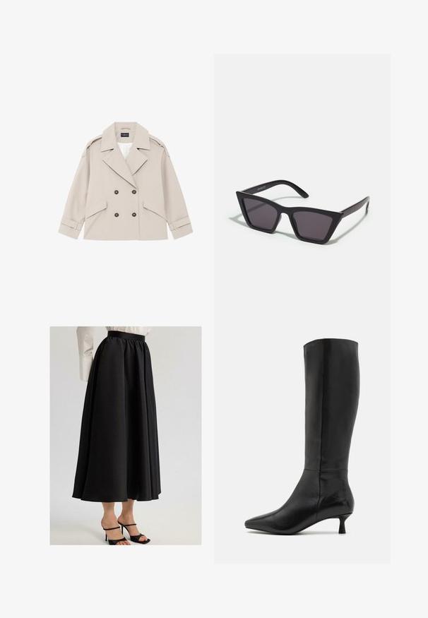 Chaqueta beige de doble botonadura con solapas anchas, dos bolsillos laterales, tiras en los puños y botones oscuros; confeccionada en tela lisa con un ajuste estructurado.; Blusa de manga larga negra en una tela suave, con un escote amplio y un ajuste ligeramente holgado, sin patrones visibles ni detalles de herrajes.; Falda maxi negra hecha de una tela suave, con una cinturilla fruncida y un diseño fluido, combinada con sandalias de tacón negro con tiras.; Zign Botas - black; Gafas de sol negras y angulares con lentes grises; fabricadas en plástico, con varillas gruesas de superficie suave y sin herrajes visibles.