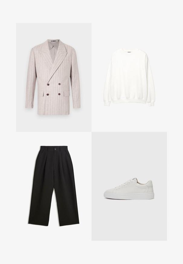 Dvostruko zatvoren blejzer u svijetloj bež lanenoj tkanini sa suptilnim prugama, sa širokim reverima i tamnosmešnim dugmadi. Uključena su dva prednja džepa.; Bijela majica s dugim rukavima, okrugli izrez, opušteni kroj. Mekani materijal s rebrastim manžetama i donjim rubom. Minimalistički dizajn, bez vidljivih logotipa ili uzoraka.; Crne hlače opuštenog kroja, sa plisama sprijeda, bočnim džepovima i gumbom za zatvaranje. Izrađene od teksturirane tkanine.; Bijele kožne niske tenisice s okruglim vrhom, ravnim bijelim gumenim potplatom i minimalističkim detaljima šavova. Pertle osigurane kroz šest rupica.