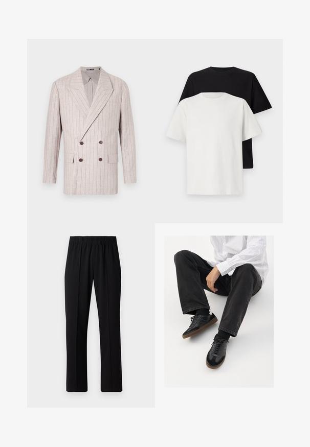 Kaksikragneeritud bleiser heledas beežis linases kangas, millel on peened triibud, laiad kraed ja tumepruunid nupud. Kahe esipocketiga.; Puuvillane t-särkide komplekt, mis sisaldab musta ja valget särk, mõlemad lühikeste varrukatega, ümmarguse kaelusega ja standardse lõikega. Tekstuuriga kangas.; Mustad, elastse puusärgid sirge säärega, mis on sileda tekstuuriga ja ilma nähtavate mustrite või riistadega.; Mustad spordijalatsid siledast ja tekstuurilisest ülemisest osast, millel on kummist tald ja tumedad nöörid. Kombineeritud mustade teksade ja valge triibulise särgiga.