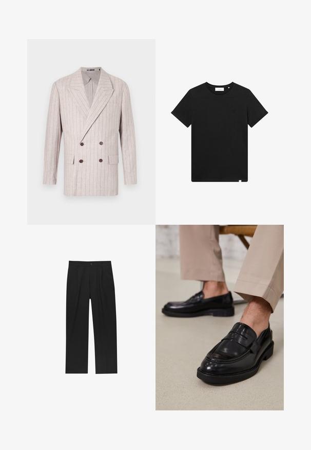 Podwójnie zapięta marynarka z jasnego lnu w kolorze beżowym z subtelnymi paskami, z szerokimi klapami i ciemnobrązowymi guzikami. Zawiera dwie kieszenie z przodu.; Czarna koszulka z krótkim rękawem wykonana z bawełny, z okrągłym dekoltem i małym logo haftowanym na piersi. Gładka tekstura, standardowy krój.; Czarne spodnie o prostym kroju, wykonane z gładkiego materiału. Posiadają zakładki z przodu i pojedyncze zapięcie na guziki w pasie.; Czarne skórzane mokasyny o gładkim wykończeniu, z dekoracyjnym paskiem i kontrastowym szwem, w połączeniu z beżowymi spodniami.
