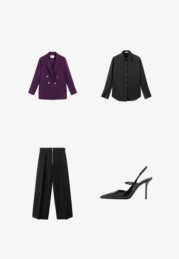 Double-breasted blazer in deep purple fabric. Features gold-tone buttons, notched lapels, and two front pockets. Classic tailored design.; Black long-sleeve shirt in smooth fabric, featuring a classic collar, front button closure with gold-tone buttons, and wide cuffs.; Black wide-leg trousers with front pleats and a visible silver zipper closure at the waist, flat front, and side pockets.; Black patent leather slingback high heels with a pointed toe, adjustable strap, and stiletto heel. Smooth surface with shiny finish.
