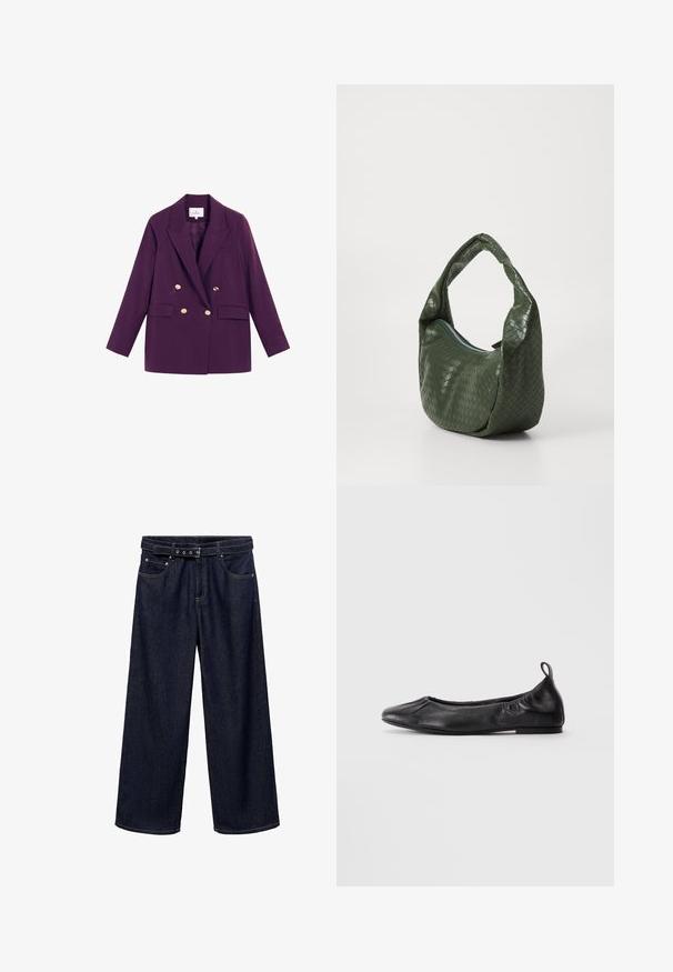 Sacou dublu în nuanță de mov închis. Are butoane aurii, rever cu colțuri și două buzunare frontale. Design clasic, adaptat.; Cămașă de culoare roz deschis, cu mânecă lungă, cu închidere butonată, guler ascuțit, un singur buzunar și textură netedă. Prezintă mâneci cu manșetă.; Jeanși largi de culoare albastru închis, fabricați din denim. Au un sistem de prindere cu curea la talie, cu mai multe nasturi, buzunare frontale și o finisare curată la tivuri.; Balerini negri din piele cu vârf rotund, laterale din elastic gathered și un tab la călcâi, expuși pe un fundal deschis.; Geantă din piele țesută verde cu un maner curbat și închidere cu fermoar. Prezintă o suprafață texturată, cu un model și o formă moale, relaxată.