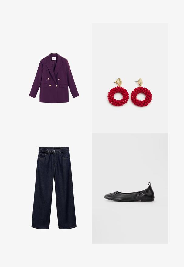 Doppelt geknöpfte Blazer aus tiefviolettem Stoff. Mit goldfarbenen Knöpfen, Reverskragen und zwei vorderen Taschen. Klassisches, tailliertes Design.; Helles rosa Langarmhemd mit Knopfleiste, spitzem Kragen, einer einzelnen Tasche und glatter Textur. Mit aufgekrempelten Ärmeln.; Dunkelblaue, weit geschnittene Jeans aus Denim. Verfügt über einen mit Gürtel versehenen Bund mit mehreren Knöpfen, Fronttaschen und einen sauberen Abschluss an den Säumen.; Schwarze Leder-Ballettschuhe mit runder Spitze, gerafften elastischen Seiten und einer Schlaufe an der Ferse, auf einem hellen Hintergrund präsentiert.; Rote Perlenohrringe in Hoop-Form mit strukturierter Oberfläche und einem Postverschluss in Goldfarbe. Kreisförmiges Design mit offenem Zentrum und abgerundetem Perlendetail.
