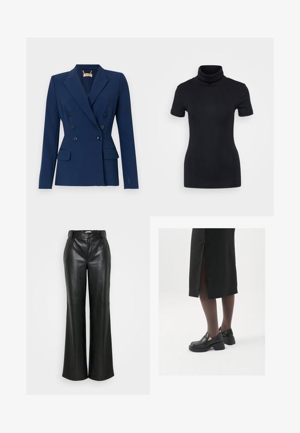 Elisabetta Franchi Bleizeris - oltremare; Juodas raštuotas turtlenekas, trumpomis rankovėmis, prigludusi konstrukcija, minkšta tekstūra, minimalus siūlių skaičius ir aukšta apykaklė.; ONLY Tall ONLSMOOTH WIDE - Kelnės - black; Juodos odinės bateliai su apvaliu nosiu, stora blokine pakulne ir elastingais šonais, derinami su tamsiomis pėdkelnėmis ir juoda sijonu su plyšiu.