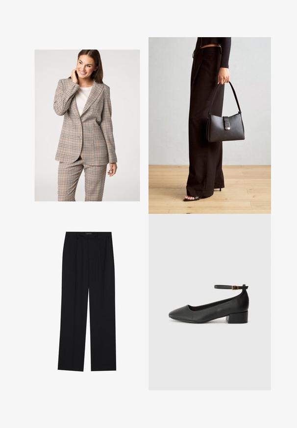 Beige geruite blazer en broek set, met een notched kraag en een twee-knopsluiting. De stof heeft een textuur met blauwe en bruine accenten.; Zwarte top met één schouder en een ruchesnek. Glad, rekbaar materiaal. Eenvoudig en aansluitend ontwerp, zonder aanvullende patronen of accenten.; Zwarte broeken met een rechte pijpontwerp, voorzien van twee voorkanten zakken en een tailleband. Gemaakt van een gladde, lichte stof.; Zwarte leren pump met een spitse neus en een lage blokhak. Beschikt over een enkelband met een goudkleurige gespsluiting. Gladde textuur.; Zwarte handtas met gestructureerde vorm, gladde textuur en een metalen sluiting. Gecombineerd met brede zwarte broeken en sandalen met open teen op een houten vloer.
