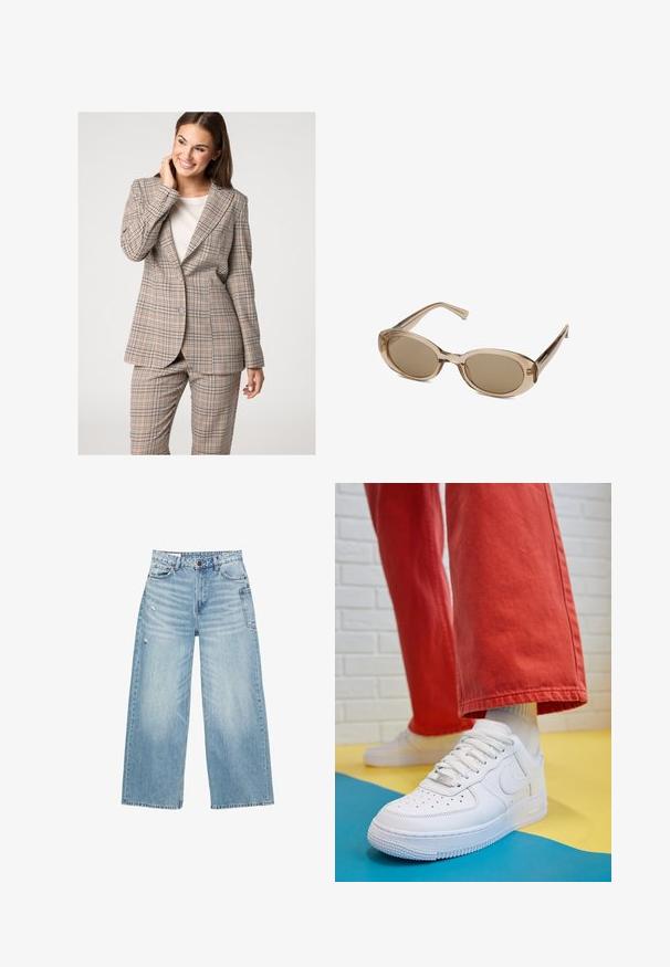 Un ensemble de blazer et pantalon à carreaux beige, comprenant un col emmanché et une fermeture à deux boutons. Le tissu a une finition texturée avec des accents bleus et marron.; T-shirt blanc à manches courtes en coton doux. Il présente un col rond et un logo discret sur la poitrine gauche. Design à coupe droite.; Jeans larges en denim bleu clair, avec une taille haute, un design à cinq poches et de subtils détails usés sur le tissu.; Baskets blanches en cuir avec une boîte à orteils perforée, semelle texturée et lacets blancs, associées à un large pantalon rouge et un fond bleu et jaune.; Lunettes de soleil avec une monture beige transparente, des verres ovales et des branches fines. Présentent des verres teintés marron clair et un branding minimal.; Sac hobo beige avec un motif de logo marron, des garnitures en cuir et un fermoir en métal avec un "G" en relief. Bandoulière réglable incluse.