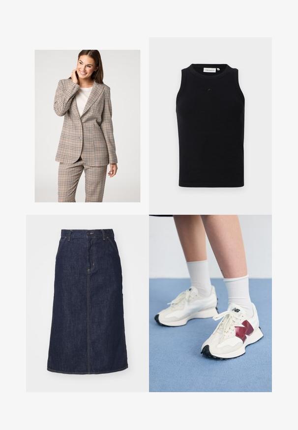 Beżowy zestaw marynarki w kratę i spodni, z wykładanym kołnierzem i zapięciem na dwa guziki. Tkanina ma teksturowane wykończenie z niebieskimi i brązowymi akcentami.; Czarna bezrękawnikowa bluzka wykonana z ribbowanej tkaniny, z okrągłym dekoltem i małym logo z przodu. Prosty, dopasowany krój.; Ciemnoniebieska spódnica dżinsowa z wysokim stanem, prostym krojem, przednimi kieszeniami i przeszyciami. Posiada zamek błyskawiczny i guzik w pasie.; Para białych sneakersów z bordowymi akcentami, teksturowanymi panelami, płaską czarną podeszwą i jasnymi sznurowadłami, noszonych z białymi skarpetkami do kostek.