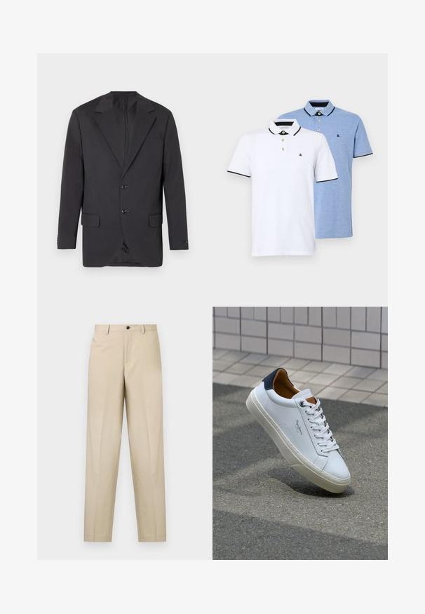 Tumši pelēks žakets ar izgriezumu, divām priekšējām pogām, divām sānu kabatām un vienu krūšu kabatu. Gluda auduma, ar pieguļošu piegriezumu.; Divi polo krekli: viens balts ar melniem akcentiem, otrs gaiši zils melnā toņkārtā. Katram ir apkakle un divu pogu aizdare ar logo.; Gaiši brūni bikses, izgatavotas no viegla auduma, ar taisnu kāju dizainu, vienu priekšējo izgriezumu un pogu aizdari jostasvietā.; Baltas ādas čības ar tumši zilu papēdi, apaļu purngalu un kontrastējošām brūnām detaļām. Aprīkotas ar plakanu auklu un struktūrētu gumijas zoli.