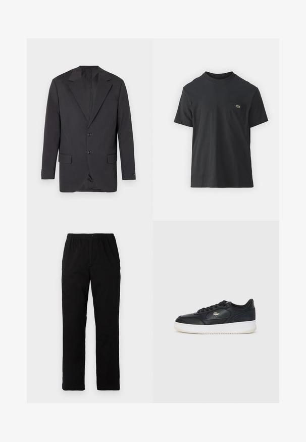 Temno siva blazer jakna z zarezo na plašču, dvema sprednjima gumboma, dvema stranskima žepoma in enim žepom na prsih. Gladka tkanina s prilagojenim krojem.; Črna bombažna majica s kratkimi rokavi, okroglo ovratnikom in majhnim zelenim logotipom na levem žepu. Preprost dizajn, redna prileganje.; Črne hlače iz mešanice bombaža, s ravnim krojem, elastičnim pasom z gumbom in brez vidnih vzorcev ali akcentov.; Črne usnjene superge z belo podlago, s zaobljenim prstom, veznim dizajnom in diskretnim logotipom na strani. Zgornji del z teksturo.