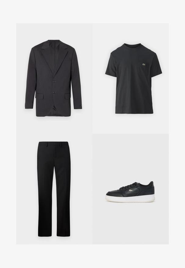 Dunkelgrauer Blazer mit Reverskragen, zwei vorderen Knöpfen, zwei Seitentaschen und einer Brusttasche. Glattes Material mit taillierter Passform.; Schwarz Baumwoll-T-Shirt mit kurzen Ärmeln, rundem Ausschnitt und einem kleinen grünen Logo auf der linken Brusttasche. Einfaches Design, reguläre Passform.; Schwarze maßgeschneiderte Hosen mit geradem Beinschnitt, hergestellt aus glattem Stoff. Merkmale sind ein flacher Bund und ein mittelhoher Taillenbund.; Schwarze Ledersneaker mit weißer Sohle, runde Spitze, Schnürverschluss und einem dezenten Logo an der Seite. Strukturierte Obermaterialakzente.