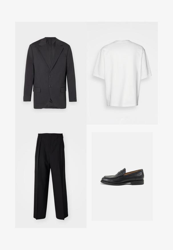 Donkergrijze blazer met een notch lapel, twee voorknopjes, twee zijzakken en een enkele borstzak. Gladde stof met een getailleerde pasvorm.; Wit, kort mouw T-shirt met een ronde halslijn, gemaakt van katoen. Eenvoudig ontwerp, zonder patronen of accenten, gezien van achteren.; Zwarte geplooide broeken met een rechte, brede pijpontwerp. Gemaakt van soepele stof, met een knoopsluiting en riemlussen.; Zwarte leren loafers met een gladde afwerking, ronde neus en decoratieve stiksels op de wreef. Lage gestapelde hak en een lichte glans.