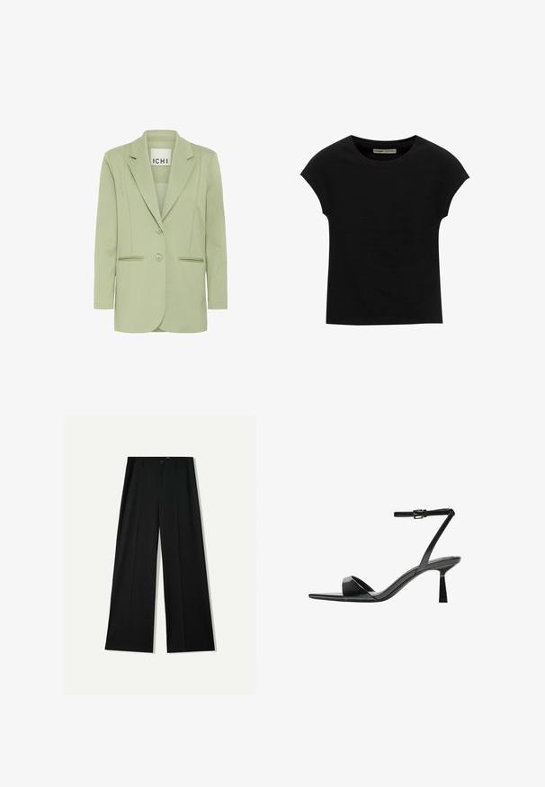 Jasnozielona marynarka wykonana z miękkiego materiału, z wyszczególnionym kołnierzem, dwoma guzikami i dwiema przednimi kieszeniami z lamówką.; Czarna koszulka z krótkim rękawem i okrągłym dekoltem. Wykonana z gładkiej, elastycznej bawełny. Prosty design bez wzorów i grafik.; Bershka WIDE czarny; Bershka - Sandały na obcasie