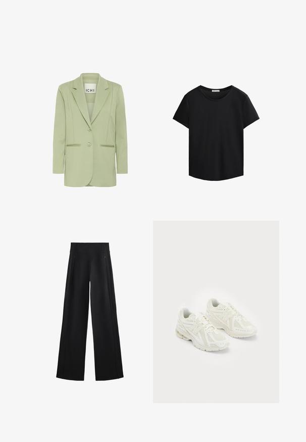 Blazer verde deschis dintr-un material moale, având guler cu decupaj, două butoane și două buzunare frontale cu detalii piped.; Tricou negru cu mâneci scurte, guler rotund și detalii din plasă perforată pe umeri. Țesătură netedă, croială relaxată, hem curbat.; Pantaloni negri cu picioare largi, dintr-o țesătură moale, având un talie înaltă și două buzunare cu fermoar, cu cusături subtile pe lateral.; Pantofi sport albi confecționați din materiale din plasă și sintetice, design cu șireturi, guler căptușit și talpă texturată pentru aderență. Construcție ușoară.