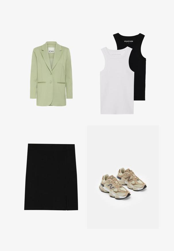 Világoszöld blézer, puha anyagból, bemetszett gallérral, két gombbal és két elején pipált részletekkel rendelkező zsebbel.; Két testhez simuló trikó fekete és fehér színben. Bordázott pamutból készült, széles pántokkal és kerek kivágással rendelkezik. A galléron logó található.; Fekete mini szoknya puha anyagból, testhez álló szabással, az oldalon enyhe hasítékkal a különleges részletek érdekében.; Beige sportcipők hálós és bőrszövet anyagból. Fekete logóval és texturált részletekkel rendelkezik. Vastag fehér középtalpa és fekete gumi talpa van.