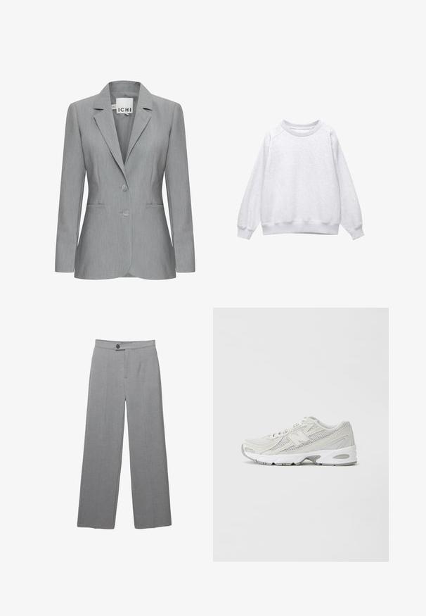 Ljust grå kavaj med spettslag, två knappar och sidofickor. Tillverkad av strukturtyg med en skräddarsydd passform. Varumärkesetikett synlig.; Ljusgrå sweatshirt med rund halsringning och långa ärmar, med ribbad mudd och nederkant, uppvisad liggande på vit bakgrund.; Grå skräddarsydda byxor med vida ben, flat front och subtil textur. Har en enknappsstängning och rena linjer.; Lätta löparskor med ovandel i mesh i vitt, grå accenter, vadderad sula och texturerade överlägg. Har ett integrerat snörningssystem.