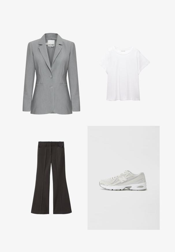 Světlý šedý blazer s klopou, dvěma knoflíky a bočními kapsami. Vyroben z texturované látky s přiléhavým střihem. Viditelný štítek značky.; Bílý tričko vyrobené z měkké, lehké tkaniny. Má kulatý výstřih a krátké, široké rukávy s uvolněným střihem. Bez viditelných vzorů.; Černé rozšířené kalhoty s vysokým pasem; mají dvě přední kapsy a hladkou texturu látky. Vhodné pro různé příležitosti.; Lehké běžecké boty s síťovaným svrškem v bílé barvě, šedými akcenty, polstrovanou podrážkou a texturovanými překryvy. Obsahují integrovaný systém šněrování.