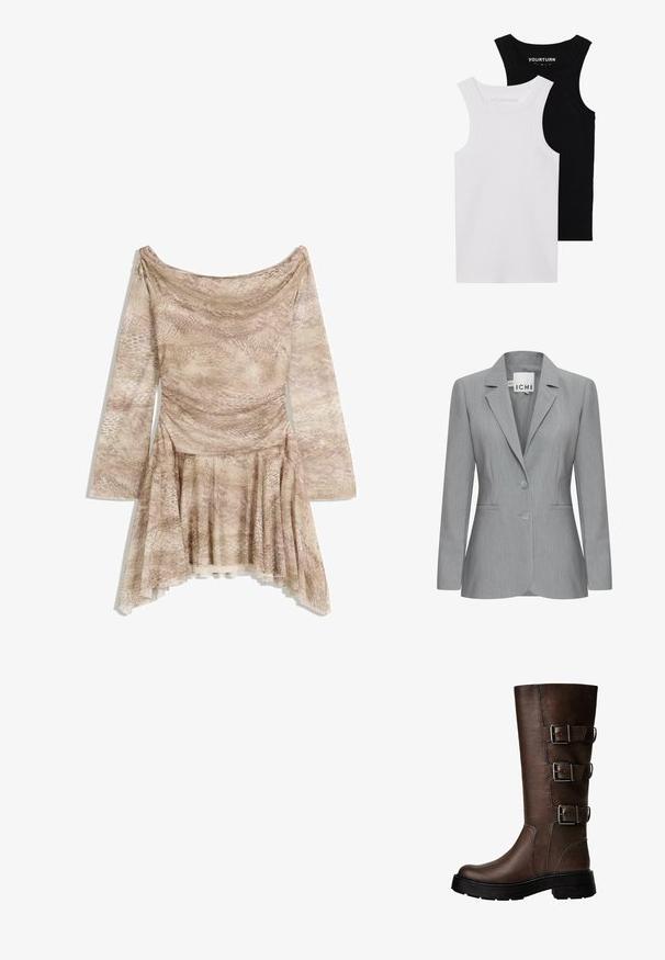 Blazer grigio chiaro con rever a contrasto, due bottoni e tasche laterali. Realizzato in tessuto texturizzato con vestibilità su misura. Etichetta del marchio visibile.; Due magliette attillate in nero e bianco. Realizzate in cotone a coste, presentano spalline larghe e scollature arrotondate. Marchio sul colletto.; Abito a maniche lunghe color beige con motivo a stampa di serpente, con scollo drappeggiato e gonna svasata con orlo asimmetrico. Tessuto morbido e strutturato.; Stivale in pelle marrone alto fino al ginocchio con tre fibbie metalliche, superficie testurizzata, punta arrotondata e suola spessa per stabilità.