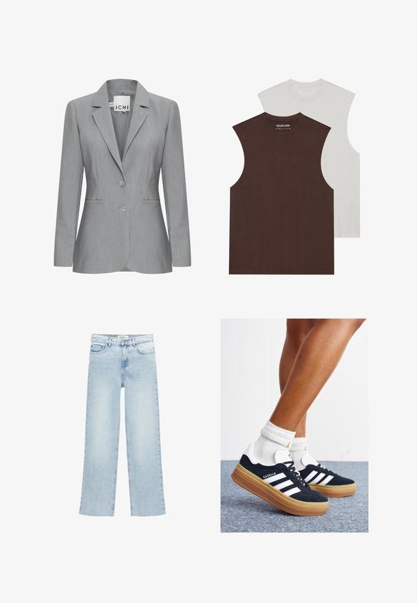Világosszürke blazer, kiemelkedő hajtókával, két gombbal és oldalsó zsebekkel. Texturált anyagból készült, testre szabott fazonnal. Márkajelzés látható.; Két ujjatlan póló: az egyik sötétbarna, a másik világosszürke. Mindkettő kerek nyakú, és puha, lélegző anyagból készült.; Világoskék, bőszárú farmernadrág magas derékkal, öt zsebbel és gombos zárással. Csak minimális varrási részletek találhatók rajta.; Fekete velúr sportcipő fehér csíkokkal és díszítésekkel, lekerekített orral, gumitalpú külső résszel, fehér bordázott bokazoknival párosítva.