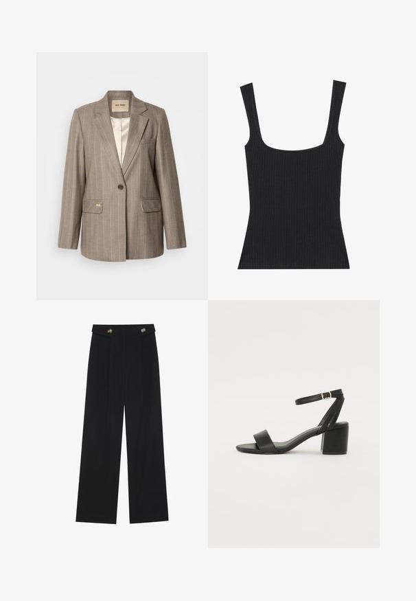 Blazer rayé marron avec une fermeture à un bouton, deux poches avant et un accent doré. Tissu doux et silhouette classique ajustée.; Débardeur noir côtelé avec un décolleté carré et des bretelles fines réglables. Le tissu présente un motif texturé et une coupe ajustée.; Pantalons larges noirs à taille haute, avec des détails de boutons à la taille et des plis sur le devant.; Sandale à talons noirs avec un dessus en cuir lisse, une ouverture à l'avant, de larges brides avant et une bride de cheville ajustable avec une boucle dorée.