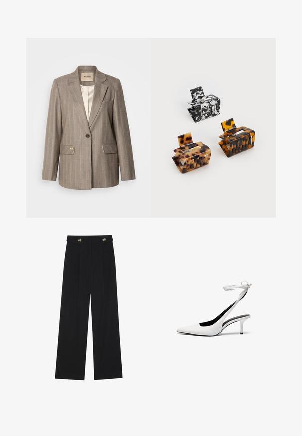 Ruskea raidallinen bleiseri, jossa on yksi nappi edessä, kaksi etutaskua ja kultainen yksityiskohta. Pehmeä kangas ja klassinen räätälöity siluetti.; Valkoinen hihaton paita, jossa on pyöreä kaula-aukko. Valmistettu sileästä kankaasta, siinä on rento istuvuus ja minimalistinen muotoilu. Ei kuvioita tai koristeita.; Mustat leveälahkeiset housut, joissa on korkea vyötärö, napit vyötärönauhassa ja etupuolella laskokset.; Valkoiset teräväkärkiset slingback-kengät, joissa on ohut nilkkahihna. Tasainen nahkamateriaali, ohut piikkikorko ja musta sisävuori.; Kolme hiusklipsiä: yksi musta-valkoinen marmorikuvio, kaksi kilpikonnakuosisia ruskeassa ja mustassa sävyssä, kaikki kiiltävää muovia ja texturoitua pintaa.
