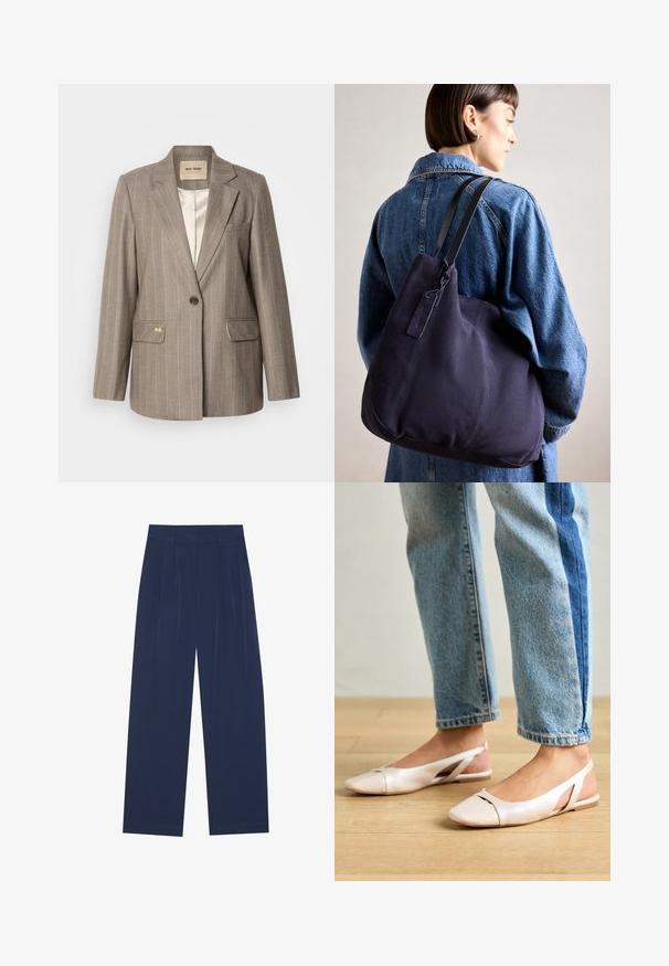Brown striped blazer with a single button closure, two front pockets, and a gold accent. Soft fabric and classic tailored silhouette.; White short-sleeve t-shirt with a wide crew neck and textured ribbed pattern, made of soft fabric, featuring a relaxed fit and a clean design.; Navy blue wide-leg pants made of soft fabric, featuring front pleats, a smooth texture, and a straight fit with no visible pockets.; Pale pink slingback flats with a pointed toe, made from a smooth leather-like material. Features cut-out details at the sides and a flat heel.; Navy canvas shoulder bag with a soft, structured shape, featuring a black strap, stitched detailing, and a small brand tag.