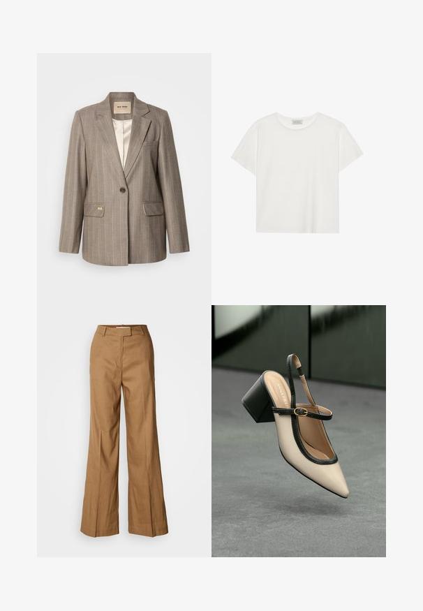 Barna csíkos zakó egy gombos záródással, két első zsebével és arany kiegészítőkkel. Puha anyag és klasszikus szabású sziluett.; Fehér, rövid ujjú póló, puha pamutból készült. Kerek nyakkivágással és laza szabással rendelkezik. Tiszta dizájn, látható minták vagy díszítések nélkül.; Barna, széles szárú nadrág könnyű anyagból. Jellemzője a sima elülső rész, övhurkok és az alakra szabott sziluett, boka hosszúságú kivitelben.; Beige, hegyes orrú, pántos cipő fekete díszítéssel, arany csattal és vastag blokk sarokkal, szürke padlón, sötétzöld háttér előtt.