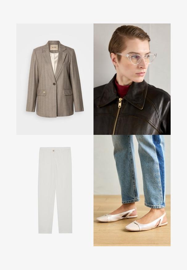 Brown striped blazer with a single button closure, two front pockets, and a gold accent. Soft fabric and classic tailored silhouette.; White short-sleeve T-shirt made of soft cotton. Features a round neckline and relaxed fit. Clean design with no visible patterns or accents.; White, tailored trousers with a straight leg design, featuring a button closure, belt loops, and side pockets; smooth fabric texture.; Pale pink slingback flats with a pointed toe, made from a smooth leather-like material. Features cut-out details at the sides and a flat heel.; Clear acetate cat-eye glasses with yellow tinted lenses, worn by a person in a dark leather jacket and red turtleneck. Smooth texture.