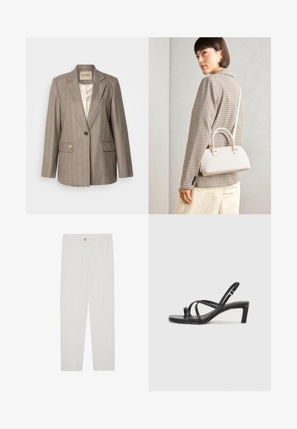 Braun gestreifter Blazer mit einem Knopfverschluss, zwei Fronttaschen und goldenen Akzenten. Weicher Stoff und klassische, taillierte Silhouette.; Weißes T-Shirt mit kurzen Ärmeln aus weicher Baumwolle. Verfügt über einen runden Halsausschnitt und eine lockere Passform. Sauberes Design ohne sichtbare Muster oder Akzente.; Weisse, maßgeschneiderte Hosen mit geradem Bein, die über einen Knopfverschluss, Gürtelschlaufen und Seitentaschen verfügen; glatte Stoffoberfläche.; Schwarze Sandale mit Riemchen, quadratischer Zehenform und niedrigem Blockabsatz. Verfügt über mehrere dünne Riemen und einen verstellbaren Knöchelriemen. Hergestellt aus glattem Leder.; Weiße strukturierte Handtasche mit kurzen Griffen und einem Schultergurt, ausgestattet mit goldfarbenen Hardware-Elementen und strukturiertem Material, vor einem grauen Hintergrund präsentiert.