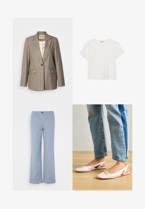 Rjav prugast blazer z enojnim gumbom, dvema sprednjima žepoma in zlatim detajlom. Mehek material in klasična krojena silhueta.; Bela kratkotrajna majica s kratkimi rokavi, narejena iz mehke bombažne tkanine. Ima okroglo ovratnico in sproščen kroj. Čist dizajn brez vidnih vzorcev ali akcentov.; Svijetloplave platnene hlače ravnog kroja s dugmetom i okrenutim rubom. Glatka tekstura, dizajnirane za ležernu nošnju.; Svijetloružičaste slingback balerinke s šiljastim nožnim prstima, napravljene od glatkog materijala nalik koži. Imaju izrezane detalje sa strane i ravne pete.