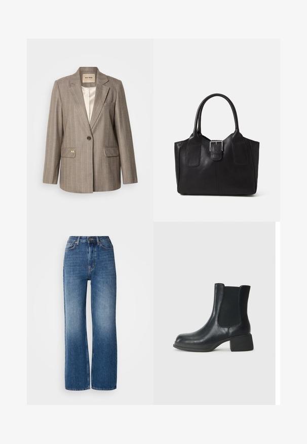 Bruin gestreepte blazer met een enkele knoopsluiting, twee voorzakken en een gouden accent. Zachte stof en klassieke, op maat gemaakte silhout.; Witte T-shirt met korte mouwen, gemaakt van zachte katoen. Heeft een ronde halslijn en een relaxte pasvorm. Schoon ontwerp zonder zichtbare patronen of accenten.; Hoge taille, wijde blauwe denim jeans met een gradient wassing, koperen stiksels, een knoopsluiting aan de voorkant en vijf zakken.; Zwarte leren enkelboot met elastische zijpanelen, ronde neus en een lage blokhak. Het oppervlak heeft een gladde textuur en minimale details.; Zwarte leren tote bag met een gladde textuur, gestructureerde vorm, twee handvatten en een opvallend zilveren sluitingdetail aan de voorkant.