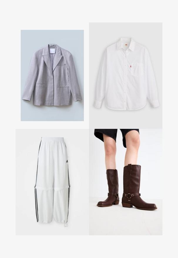 Lichtgrijze blazer van textuurstof met een gelapte revers, één borstzak en twee voorkzakken, ontworpen met een relaxte pasvorm.; Witte langslavende overhemd van katoen. Bevat een kraag, een voorzak, een afgeronde zoom en een klein rood logotag nabij de zak.; Witte sportbroek met een relaxte pasvorm, elastische tailleband en zwarte zijkanten. Voorzien van ritszakken en elastische boorden bij de enkels.; Bruine leren kniehoge laarzen met een ronde neus, gestructureerd oppervlak, enkelriem en zilveren hardware-detail; opgestapelde hak.