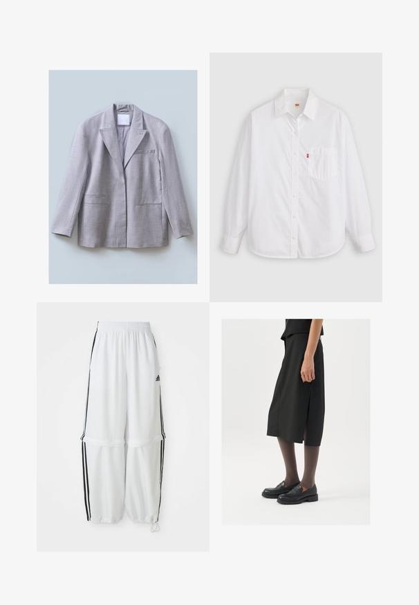 Helles graues Blazer aus strukturiertem Stoff mit Reverskragen, einer Brusttasche und zwei Fronttaschen, entworfen in lockerer Passform.; Weiße Langarm-Hemd aus Baumwolle. Mit Kragen, einer Brusttasche, abgerundetem Saum und einem kleinen roten Logo-Tag nahe der Tasche.; Weiße Sporthose mit lockerer Passform, elastischem Bund und schwarzen Seitenstreifen. Verfügt über Reißverschlusstaschen und elastische Bündchen am Knöchel.; Schwarzer knielanger Rock mit seitlichem Schlitz, kombiniert mit schwarzen Loafers und transparenten braunen Strumpfhosen, aus glattem Stoff und mit einem schlichten Design.