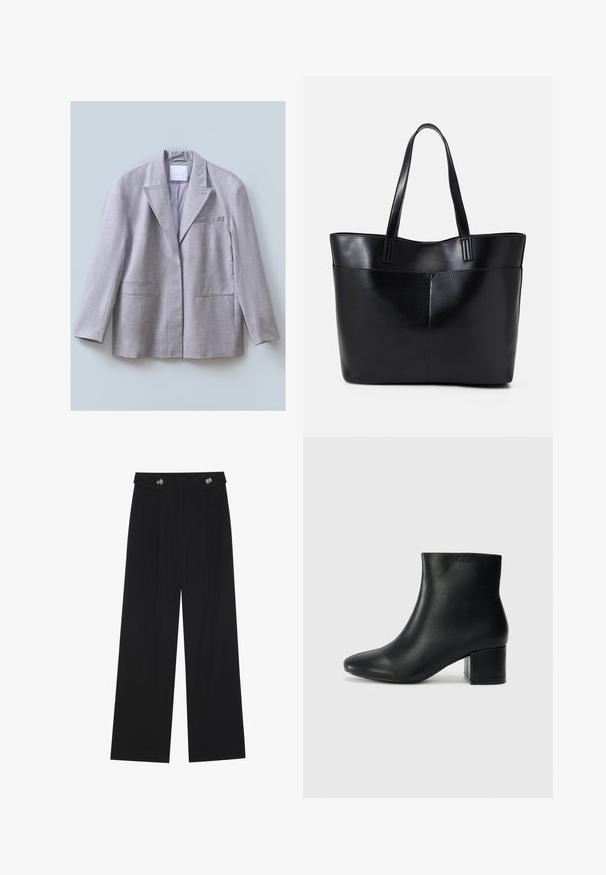 Helles graues Blazer aus strukturiertem Stoff mit Reverskragen, einer Brusttasche und zwei Fronttaschen, entworfen in lockerer Passform.; Schwarz langärmliges Oberteil mit ausgestellt geschnittenen Bündchen, weicher Textur und entspannter Passform, mit einem schlichten runden Halsausschnitt.; Schwarze weite Hosen mit hoher Taille, Knopfdetails am Bund und vorderen Falten.; Schwarze Leder-Ankle-Boots mit spitzem Zehenbereich und klobigem Absatz. Glatte Textur mit minimalen Akzenten und einem eleganten, taillierten Design.; Schwarze Leder-Shopper-Tasche mit zwei langen Griffen, einer glatten Textur und einer strukturierten Form. Verfügt über eine Vordertasche für zusätzlichen Stauraum.