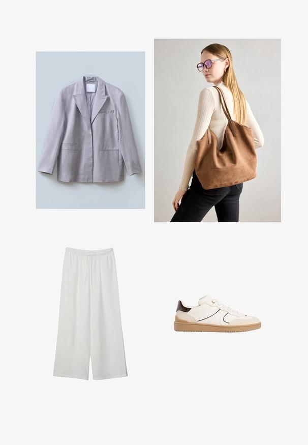 Lys grå blazer lavet af tekstureret stof med reverskrave, enkelt brystlomme og to forlommer, designet med en afslappet pasform.; Hvid kortærmet t-shirt lavet af bomuld. Har en rund halsudskæring og en afslappet pasform. Glat tekstur uden synlige mønstre eller detaljer.; Hvide vidde bukser lavet af letvægtsstof, med en elastisk talje og snøre for justerbar pasform. Glat tekstur.; Stradivarius Sneakers - white; Brun ruskind tote taske med blød tekstur, stor åbning og lange stropper. Har et enkelt design med synlige syninger og ingen hardware.