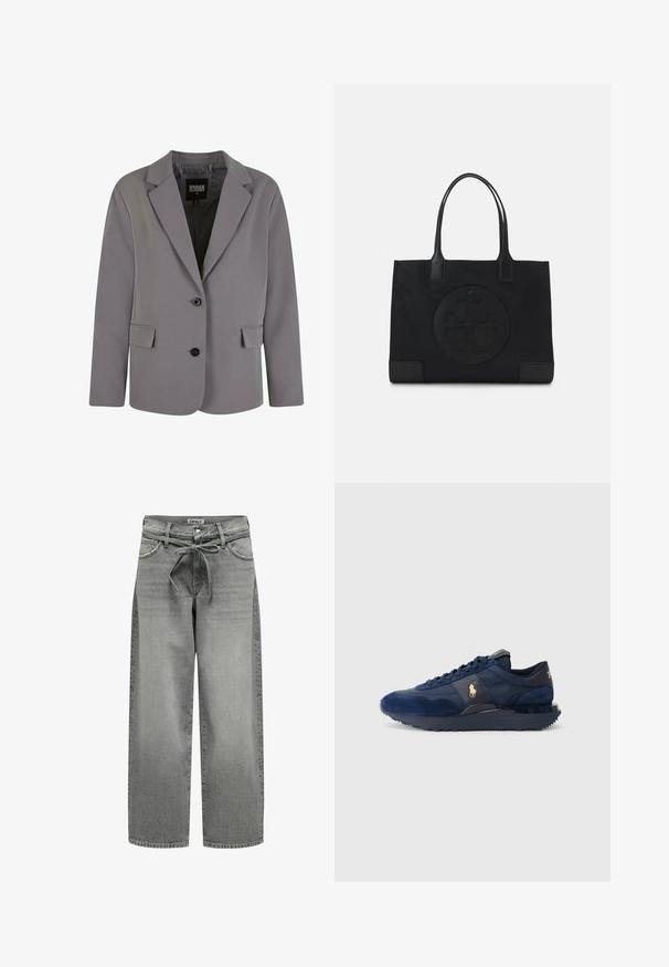 Blazer gris en tissu lisse avec un col en pointe, deux boutons et des poches latérales, doté d'une coupe ajustée et de détails de couture minimalistes.; Pull en col roulé gris en maille douce avec des poignets et un ourlet côtelés. Présente une coupe décontractée et un col structuré.; Chemise blanche à boutons, en coton lisse, avec un col classique, présentant un ourlet droit et des boutons beiges le long du devant.; Jeans en denim gris à jambes larges avec une taille à cordon de serrage et des poches avant. Le tissu présente une légère texture et une finition délavée.; Baskets de sport bleu marine en matériaux suede et mesh, avec une semelle en caoutchouc, un design à lacets et un accent de logo doré.; Sac fourre-tout noir en tissu, doté d'un logo embouti en design circulaire. Texture lisse avec des accents en cuir contrastés.