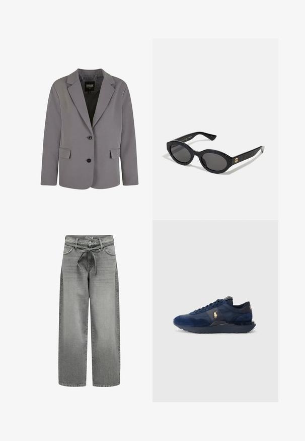 Hall elav sinine bleiser, mis on valmistatud siledast kangast, omab nurgelise krae, kahte nööpi ja küljetaskuid, sobides istuvaks ning sisaldades minimaalset tikkimist.; Mustmust pikkade varrukatega ülimust särk, millel on ruudukujuline kaelus, keha lähedane siluett ja külgedel lõhikud hemmi juures. Valmistatud sujuvast ja venivast kangast.; Valge nööpidega särk, mis on valmistatud siledast puuvillast, klassikalise kraega, sirge ääre ja beežide nööpidega esiosas.; Laiad hallid teksad, millel on kinnitusnööp ja esikotid. Kangas on veidi tekstureeritud ja hallitusseened.; Tumed sinised sportijalatsid, mis on valmistatud samet- ja võrgumaterjalidest, millel on kummist talla, paeltega kinnitussüsteem ja kuldse logo aktsent.; Mustad mustad prillid tumedate läätsedega ja läikiva plastraamiga. Omab kuldset logo põlveosal, pakkudes stiilset ja kaasaegset disaini.