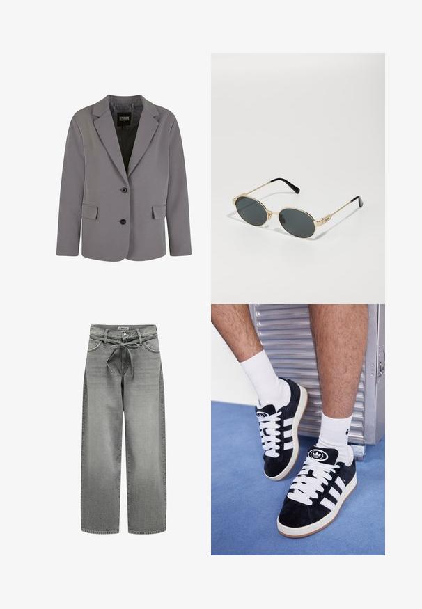 Hall elav sinine bleiser, mis on valmistatud siledast kangast, omab nurgelise krae, kahte nööpi ja küljetaskuid, sobides istuvaks ning sisaldades minimaalset tikkimist.; Mustmust pikkade varrukatega ülimust särk, millel on ruudukujuline kaelus, keha lähedane siluett ja külgedel lõhikud hemmi juures. Valmistatud sujuvast ja venivast kangast.; Laiad hallid teksad, millel on kinnitusnööp ja esikotid. Kangas on veidi tekstureeritud ja hallitusseened.; Mustad nahkjalatsid valgete paelte ja kolme valge triibuga. Omab ümmargust musta logo keele peal ning kummist tallat.; Kuldmetallilised prillid ovaalsete läätsega ja tumeda tooniga läätsed. Mustad atsetaatkatted käeotsades. Brändi nimi "QUAY" küljes.