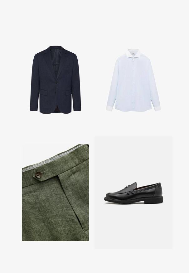 Námornícky modrý blazer s textúrovaným rybím vzorom, slim fit, dve predné vrecká, zapínanie na jeden gombík a klopový golier.; Svetlo modrá pruhovaná košeľa s dlhým rukávom, s bielym golierom a manžetami, so zapínaním na gombíky a zakriveným lemom. Hladká textúra látky.; Olivové ľanové nohavice s predným záhybom, so zapínaním na gombík a kontrastnou kockovanou podšívkou na pase.; Čierne syntetické poltopánky s výrazným prešitým predným detailom, vycpanou vnútornou stielkou a plochou gumovou podrážkou; elegantný dizajn s minimálnym zdobením.
