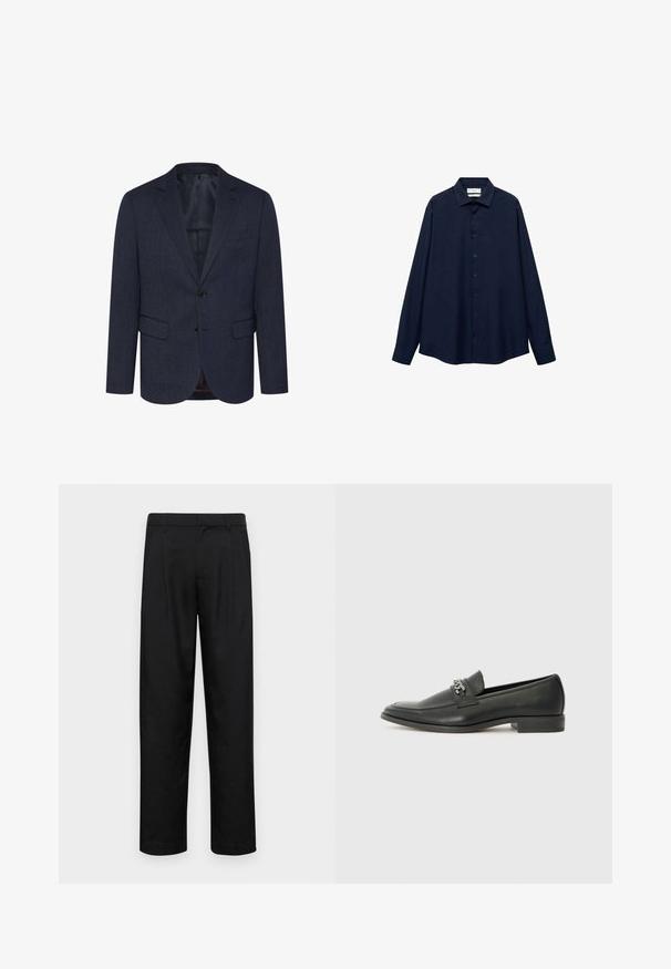 Marinblå blazer med en strukturerad fiskbensmönster, smal passform, två framfickor, enkel knappstängning och slagna reverser.; Marinblå knapp-up skjorta med krage, långa ärmar och rak nederkant. Har en mjuk textur och fem framknappar.; Svarta byxor i slät väv, med rak ben-design, två framfickor och standardmidja med bälteshällor.; Svart läderloafers med en slät yta, med en sydd design och en dekorativ metallkedjeaccent över västen. Platt häldesign.