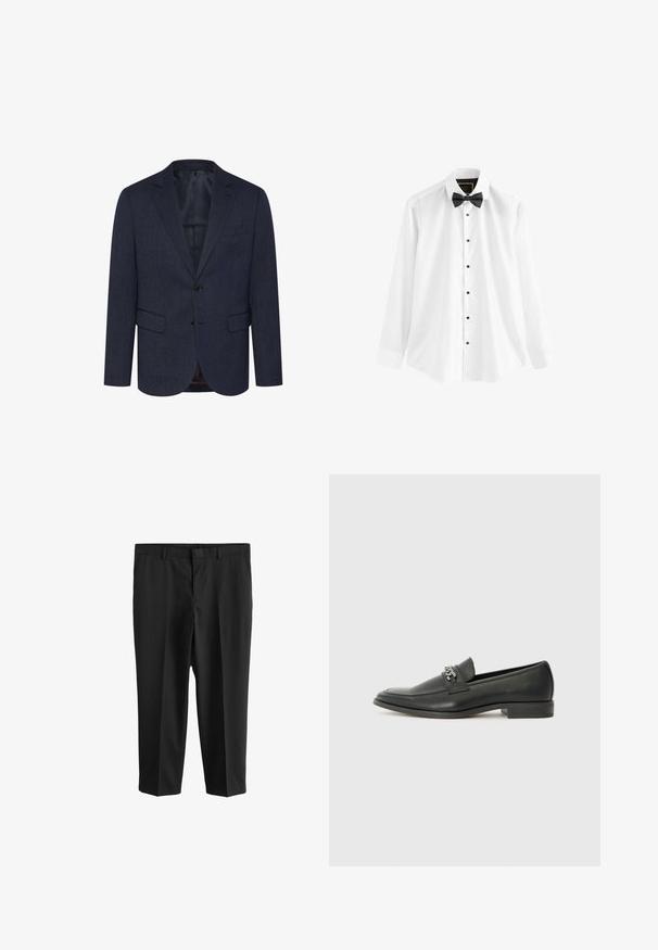 Tamsiai mėlynas švarkas su tekstūruotu žuvų kaulų raštu, aptemptas siluetas, dvi priekinės kišenės, su vienu mygtuku užsegamas ir su iškirptėmis.; Balta medvilninė marškinėliai su ilgomis rankovėmis, juoda kaklaraištis-varlyte ir juodais mygtukais per visą priekį.; Next REGULAR FIT - Kostiuminės kelnės - black; Juodos odinės loafer tipo bateliai su lygiu paviršiumi, turintys siuvinėtą dizainą ir dekoratyvų metalo grandinėlės akcentą ant batų viršaus. Plokščias kulnas.