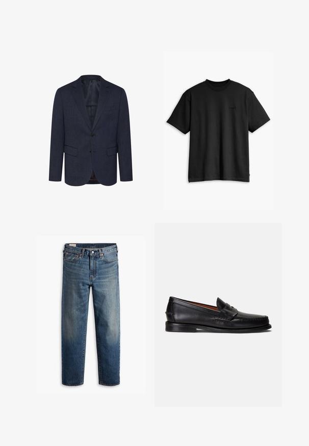 Temno moder blazer z teksturirano ribjo kostjo, slim fit, dvema sprednjima žepoma, zapiranjem na en gumb in zatikom.; Črna bombažna majica s kratkimi rokavi in krožnim izrezom. Ima diskreten logo na sprednji strani in raven rob. Preprost in minimalističen dizajn.; Temno modre kavbojke iz jeansa z ohlapnim krojem, ravnimi hlačnicami, designom s petimi žepi in nežnim bledenjem na stegnih. Srebren gumb in nakičeni žebljički.; Črni usnjeni loaferji z gladkim zaključkom, zaobljenim koničkom in okrasnim trakom čez zgornji del. Imajo nizko črno podplato.
