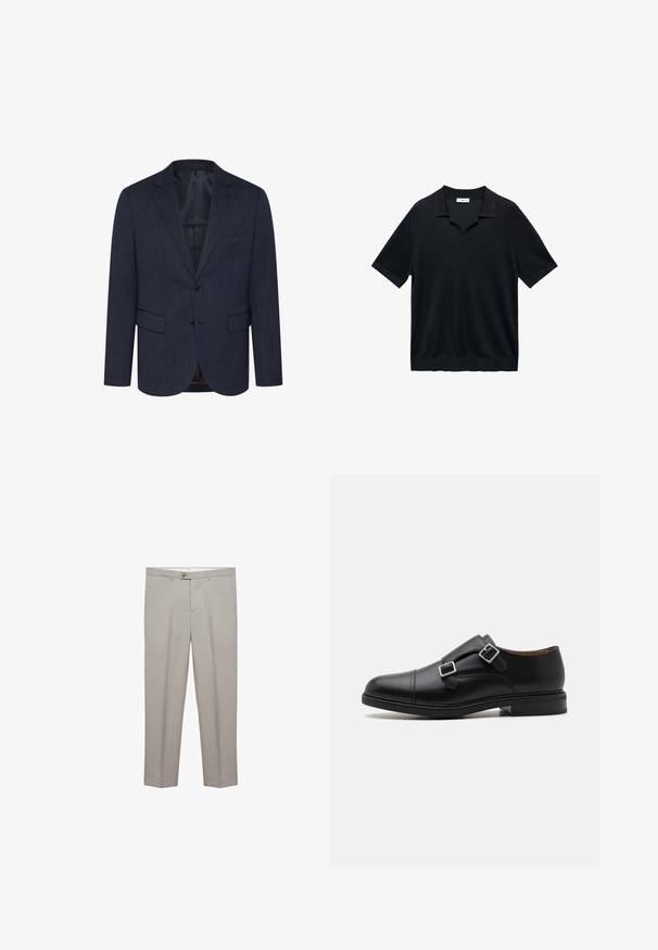 Námornícky modrý blazer s textúrovaným rybím vzorom, slim fit, dve predné vrecká, zapínanie na jeden gombík a klopový golier.; Čierna polokošeľa s krátkym rukávom, obsahujúca V-krk, plochý golier a rebrovanú textúru. Materiál sa zdá byť ľahký a hladký.; Béžové nohavice na mieru s plochým predkom, dvoma bočnými vreckami a zapínaním na gombík, vyrobené z hladkej, ľahkej látky.; Čierne kožené formálne topánky s dvojitým prackovým zapínaním, okrúhlou špičkou, jemným prešívaním a plochou, textúrovanou gumovou podrážkou.