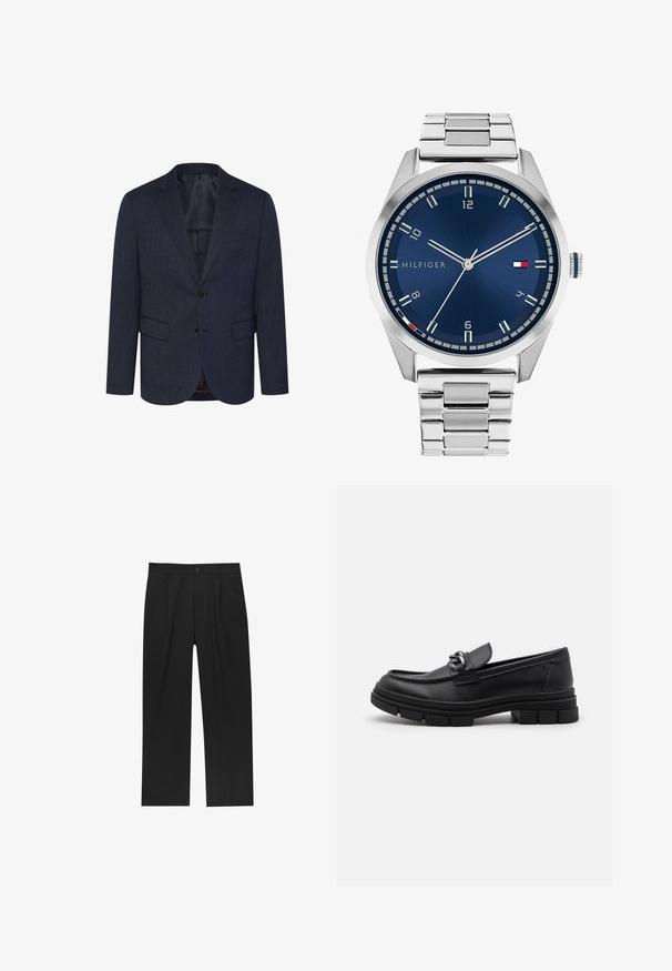 Temno moder blazer z teksturirano ribjo kostjo, slim fit, dvema sprednjima žepoma, zapiranjem na en gumb in zatikom.; Črn kratkolasasti T-majica iz bombaža z okroglim izrezom in majhnim logotipom vezenim na prsih. Gladka tekstura, standardna prileganja.; Črne hlače z ravnim krojem, narejene iz gladkega materiala. Imajo sprednje gube in enojno zaponko na pasu.; Črni usnjeni loaferji z zaobljenim nosom, dekorativnim trakom in dodatki ter debelim teksturiranim podplatom. Gladek zaključek s subtilnimi detajli.; Srebrna kovinska ura z brušenim modrim številcem, belimi številčnicami in prikazom datuma. Ima povezano kovinsko zapestnico in logotip blagovne znamke.