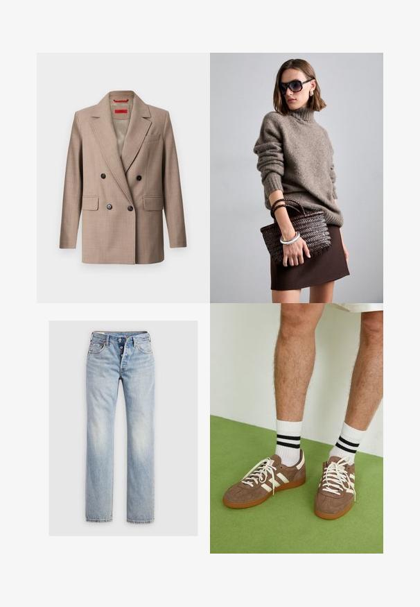 Double-breasted beige blazer made from textured fabric, features notched lapels, two front pockets, and black buttons. Lined interior.; White cotton t-shirt with short sleeves, a round neck, and a smooth texture. The back is plain with no additional patterns or designs.; Light blue denim jeans featuring a straight-leg design, five-button fly, and back pockets with subtle stitching detail.; Brown suede sneakers with white accents and laces. Rubber gum sole. Worn with white socks featuring black stripes. Green textured flooring.; DRAGON DIFFUSION MINI FLAT GORA - Handbag - dark brown