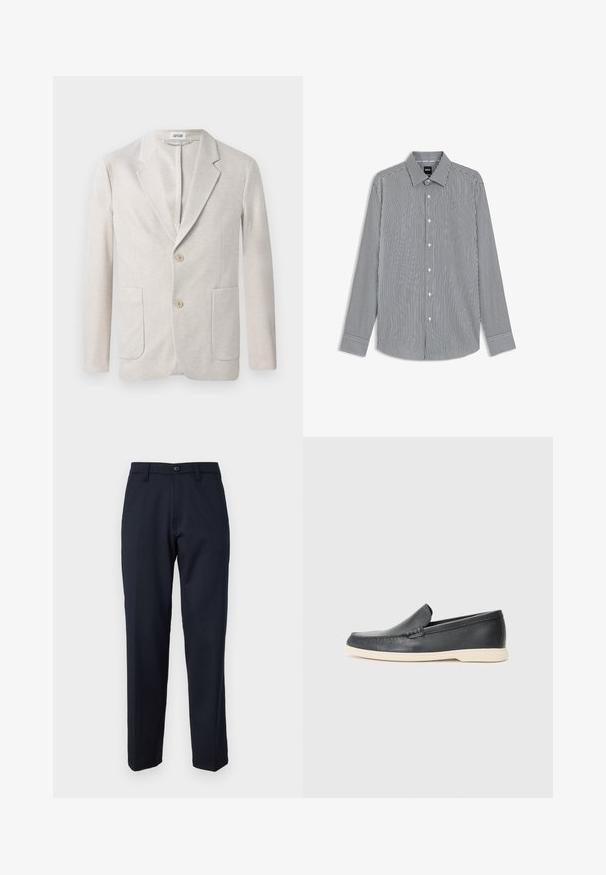 Beige neulepuku, jossa on yksirivinen muotoilu, leikkaukselliset kaulukset, kaksi etutaskua ja kaksi nappikiinnitystä. Suoma tekstuuri.; Navy ja valge triibuline pikkade varrukatega särk, millel on nööbiga krae, esine nööbid ja mansetid kontrastse äärega.; Meriinisinisiä housuja, jotka on valmistettu sileästä kankaasta. Niissä on etuvetoketju, suorat lahkeet ja sivutaskut. Ei näkyviä kuvioita tai koristeita.; Mustat nahkakengät ilman nauhoja, joissa on teksturoitu pinta ja kontrastoiva beige kumipohja. Kengissä on hillitty yksityiskohta etuosassa.